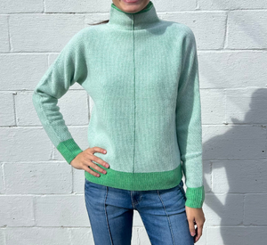 Kinross Cashmere - Plaited Thermal Funnel Neck Sweater in Jade