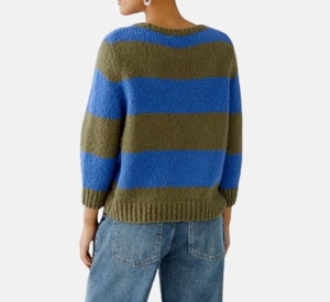 Oui - Stripe Sweater with 3/4 Sleeves in Khaki and Blue