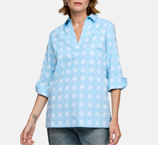Hinson Wu - Vicky 3/4 Sleeve Patterned Shirt in Blue and White