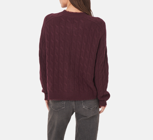 Repeat - Cable Cardigan Sweater with Fringe in Merlot