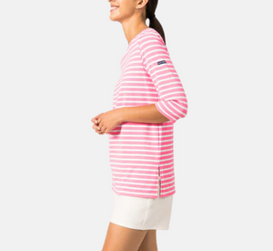 Saint James - Boat Neck Striped Tunic Top with Slits in White and Neon Pink