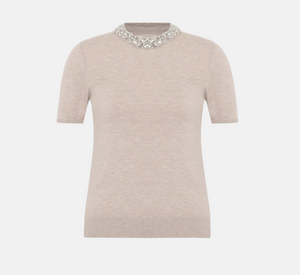 Theo - Nomia Knit Tee with Jewel Neckline in Ivory