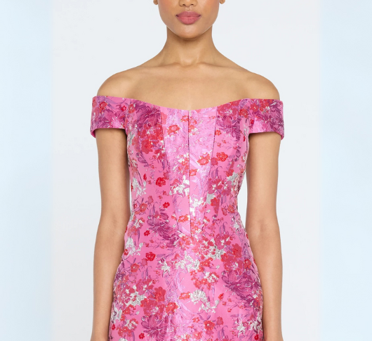 THEIA - Off Shoulder Midi Dress in Sweetheart Pink