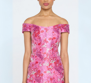 THEIA - Off Shoulder Midi Dress in Sweetheart Pink