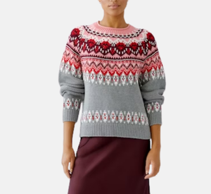 Oui - Fair Isle Sweater with Button Back Detail in Grey and Red