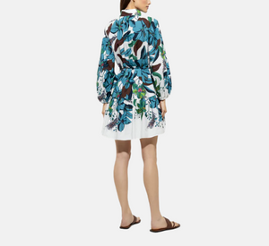 Luisa Cerano - Flower Print Long Sleeve Dress in Blue and Brown Multi