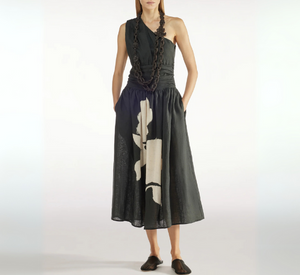 LIVIANA CONTI - One Shoulder Linen Midi Dress in Birch Macro Rose