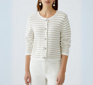 OUI - Knitted Cotton Cardigan in White and Camel