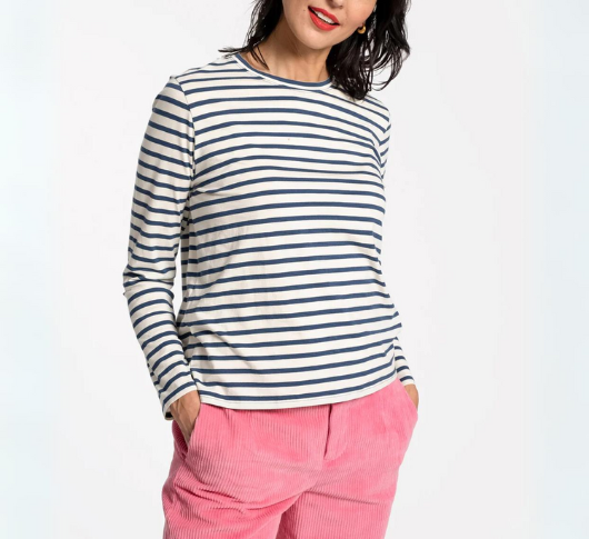 Frances Valentine - Long Sleeve Striped T-Shirt in Oyster/Navy
