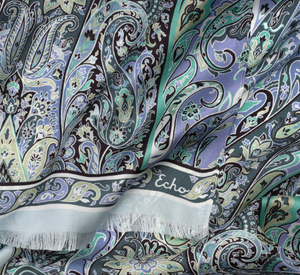 Echo - Silk Paisley Print Oblong Scarf in Blue Dusk