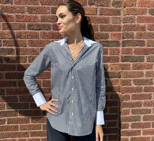 Elliot Lauren - Stripe Button Up Blouse with White Collar in Black and White