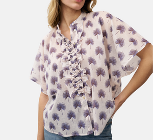 0039 Italy - Daisy Pattern Blouse with Ruffle Front in Cream, Purple, and Brown