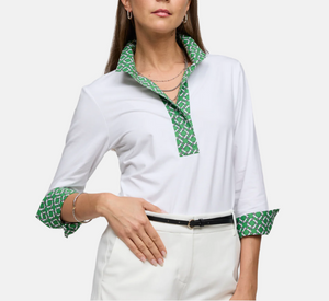Hinson Wu - Ainsley 3/4 Sleeve Chain Link Polo Shirt in White and Green