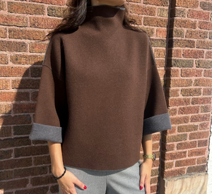 THE 73 - Mock Neck Double Knit Sweater in Chocolate