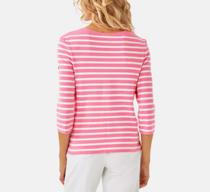 Saint James - Striped Top with 3/4 Sleeves in Neon Pink and White