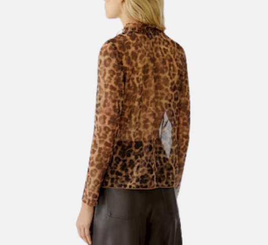Oui - Mock Neck Animal Print Sheer Top in Camel and Grey