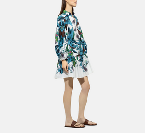 Luisa Cerano - Flower Print Long Sleeve Dress in Blue and Brown Multi