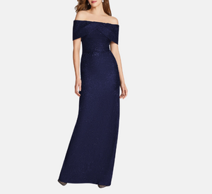 Teri Jon - Jacquard Off the Shoulder Gown in Navy
