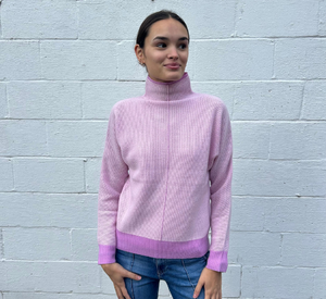 Kinross Cashmere - Plaited Thermal Funnel Neck Sweater in Freesia