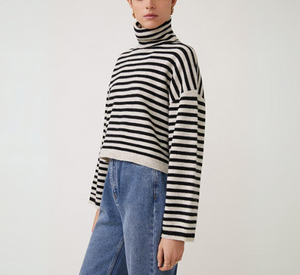 Suncoo - Perali Crop Stripe Turtleneck Sweater in Beige and Black