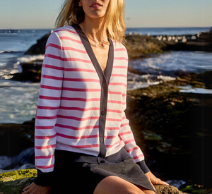 Saint James - Striped Cotton Cardigan in Navy, White, and Pink