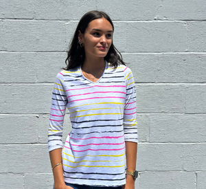 E.L.I. - Striped V-Neck Top with 3/4 Sleeves in Multi