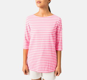 Saint James - Boat Neck Striped Tunic Top with Slits in White and Neon Pink