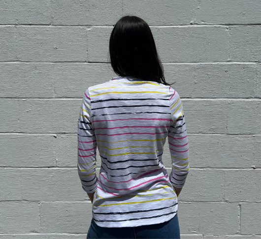 E.L.I. - Striped V-Neck Top with 3/4 Sleeves in Multi