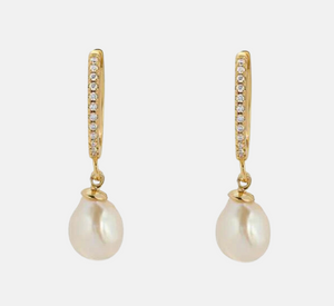 Leeada Jewelry - Effie Cubic Zirconia Huggie Pearl Drop Earrings In Gold