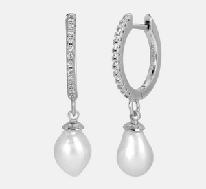 Leeada Jewelry - Effie Cubic Zirconia Huggie Pearl Drop Earrings In Silver