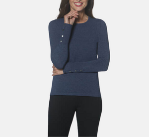 J'Envie - Button Cuff Long Sleeve Knit Crew Sweater in Indigo