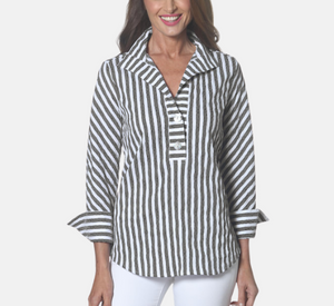 J'Envie - Panama Stripe 1/4 Button Down Blouse in Black and White