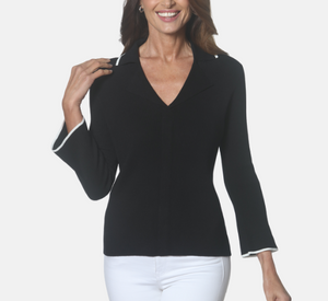 J'Envie - Flare 3/4 Sleeve Polo in Black with White Trim