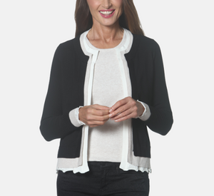 J'Envie - Contrast Ruffle Trim Cardigan in Black, White, and Wheat