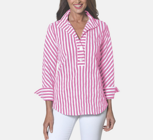 J'Envie - Panama Striped Quarter Button Down Pull on Blouse in Petal and White