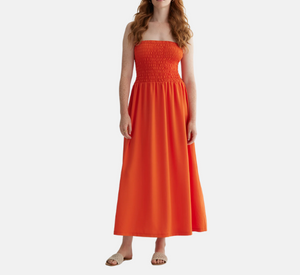 IRIS - Strapless Ruched Top Maxi Dress in Orange