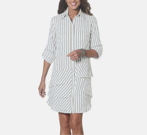 J'envie - Ruffle Striped Button-Down Dress in Sand and White