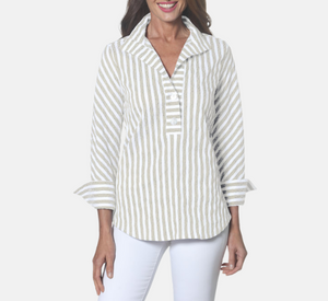 J'envie - Panama Striped Quarter Button-Down Pull-on Blouse in Sand and White