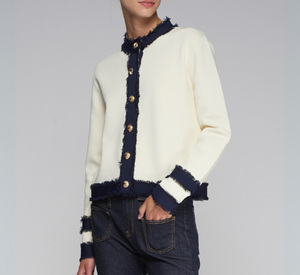 Vilagallo - Collarless Jacket with Fringe Trim in Cream and Navy