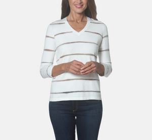 J'envie - Pull on Striped Long Sleeve V-Neck Top in White, Fawn, and Pewter