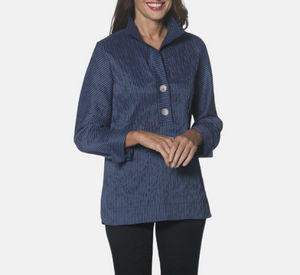 J'Envie - Havanna Long Sleeve 2-Button Collared Striped Blouse in Denim and Black