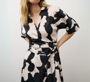 0039 Italy - Svenja Long Pattern Wrap Dress in Black and Cream