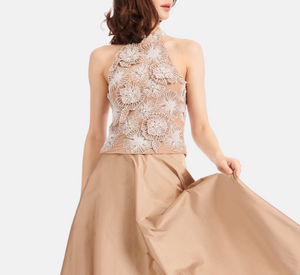 Emily Shalant - Pearl Beaded Flower Mock Neck Top in Suntan