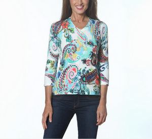 J'envie - 3/4 Sleeve Paisley V-Neck Top in White Multi