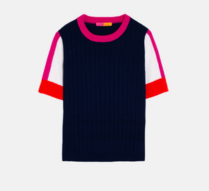 Vilagallo - Colorblock Short Sleeve Sweater in Navy, Pink, and White