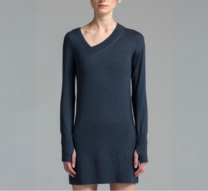 NFP - Asymmetrical V-Neck Merino Long Sleeve Dress in Steel Blue