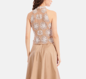 Emily Shalant - Pearl Beaded Flower Mock Neck Top in Suntan