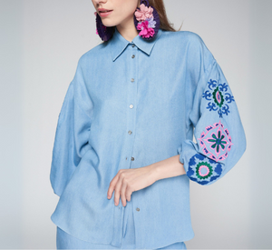 Vilagallo - Button Down Embroidered Long Sleeve Blouse in Light Blue