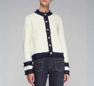 Vilagallo - Collarless Jacket with Fringe Trim in Cream and Navy