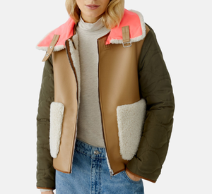 Oui - Mixed Media Reversible Coat in Stone Green